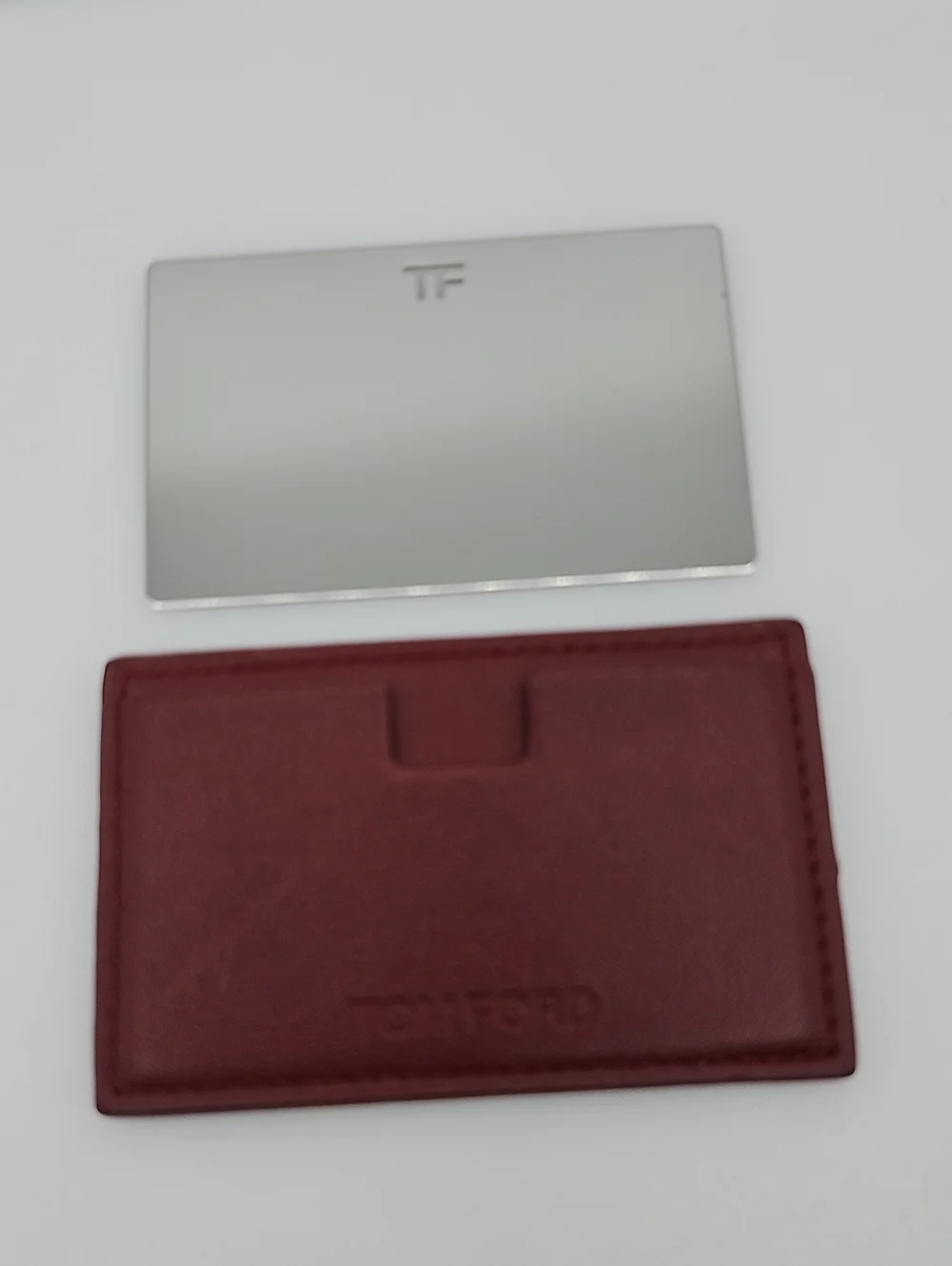 Tom Ford Silver Mirror Card with Burgundy Leather Card Sleeve